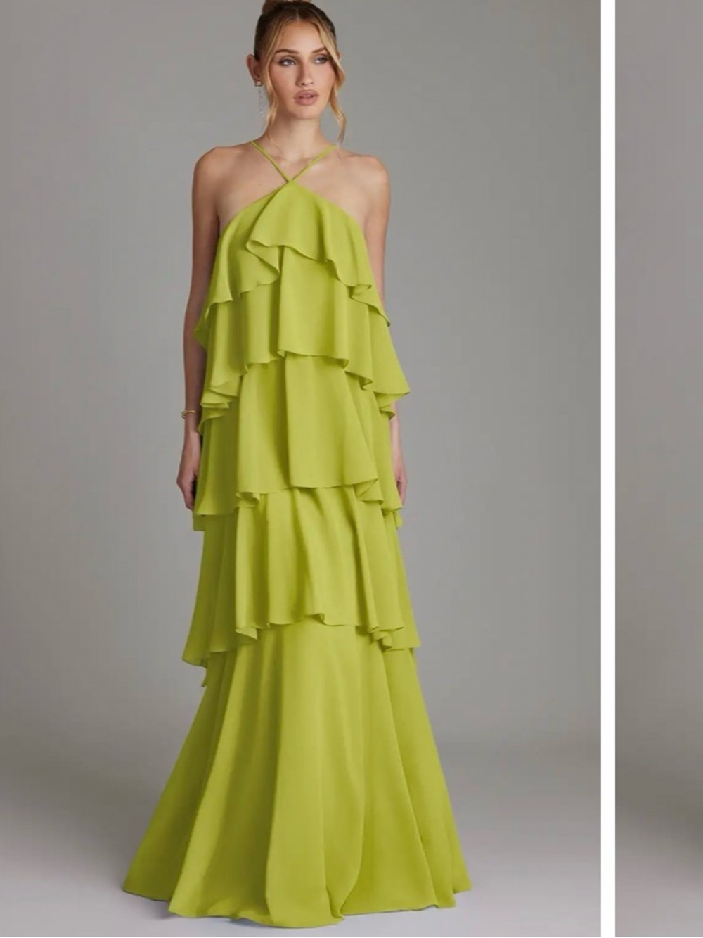 Azazie Lime Tiered Ruffle Halter Maxi Dress